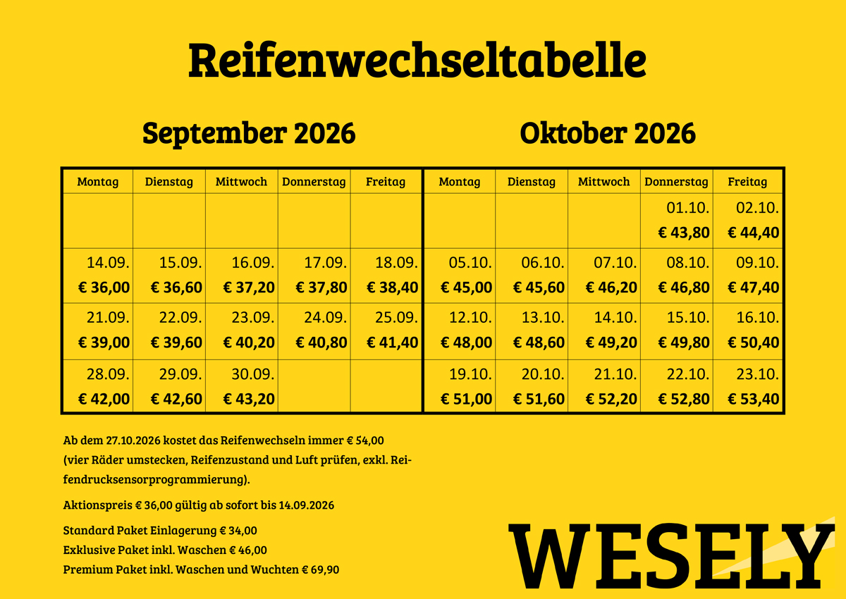 Wesely Reifenwechseltabelle